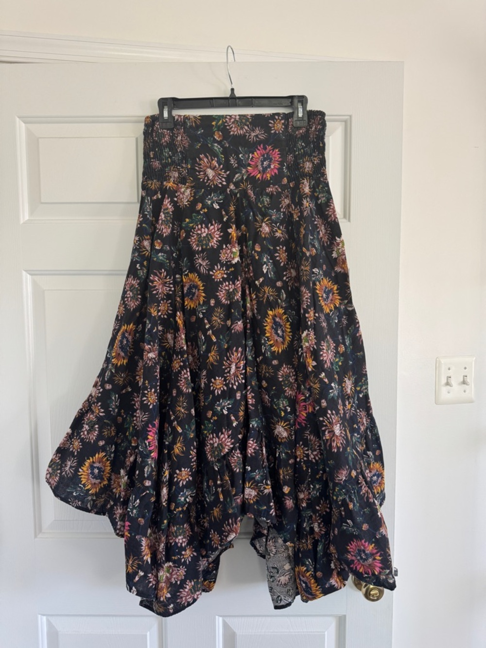 NATURAL LIFE Black Floral Asymmetrical Maxi Skirt with Pink and Mustard Accents